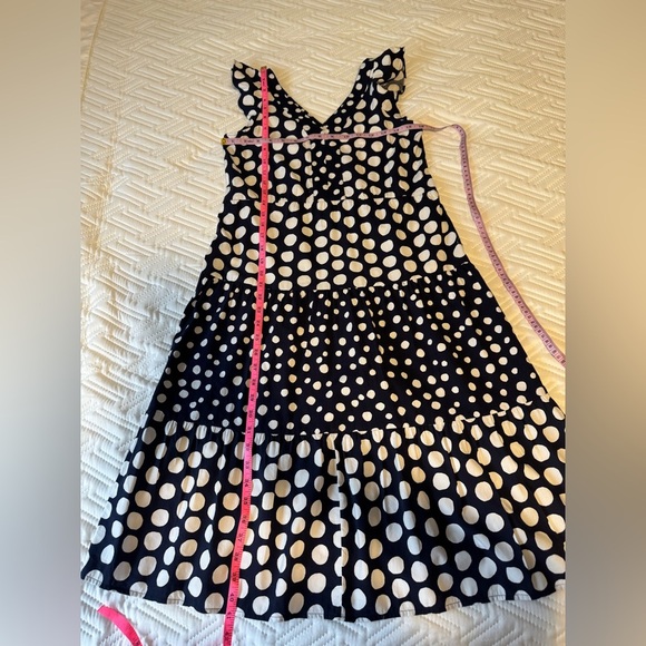 LOFT Size XXSP Navy Blue White Dotted Flutter Sleeve V Neck Midi Dress Tiered - Picture 2 of 7